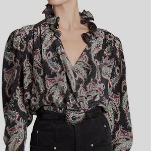 $875 Isabel Marant Women's Black Silk Paisley Ruffle Peplum Blouse Size FR36/US4